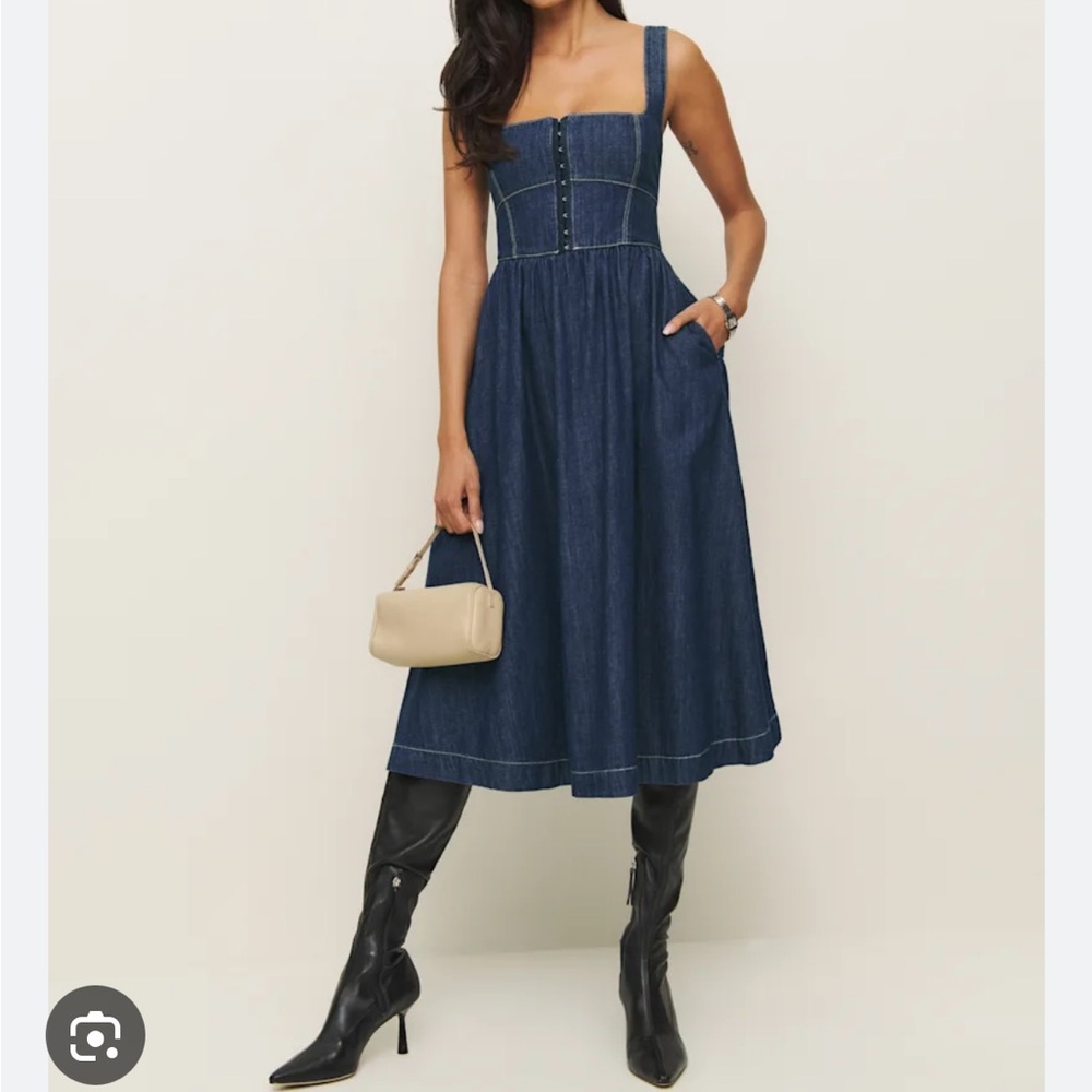 Reformation Tagliatelle Denim Midi-Dress